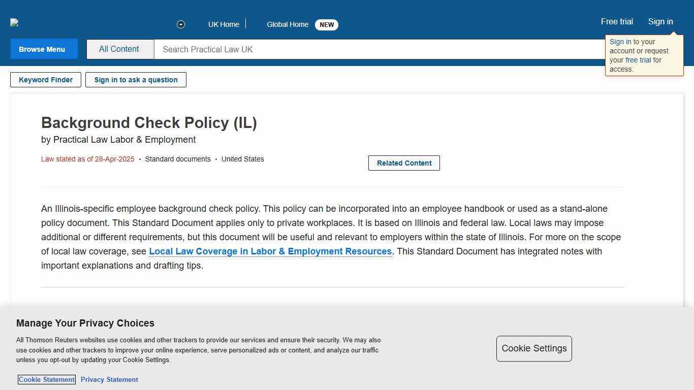 Background Check Policy (IL) Practical Law